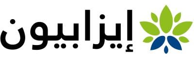 Arabic text with green and blue leaf logo on the right