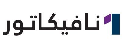 Navy and teal geometric logo beside black Arabic text on white background