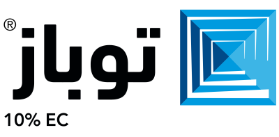 Black logo with Arabic text and a blue geometric square emblem
