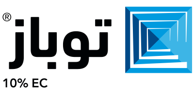 Black logo with Arabic text and a blue geometric square emblem