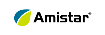 Amistar logo with green and blue leaf icon and black text