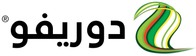 Arabic text logo with green-yellow ribbon emblem on the right