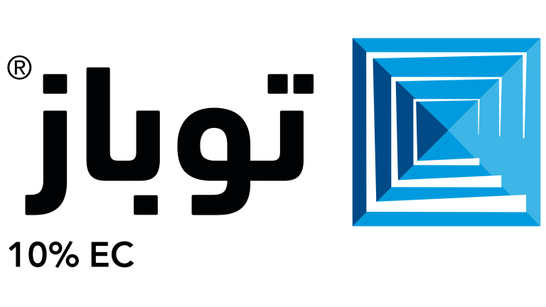Black logo with Arabic text and a blue geometric square emblem