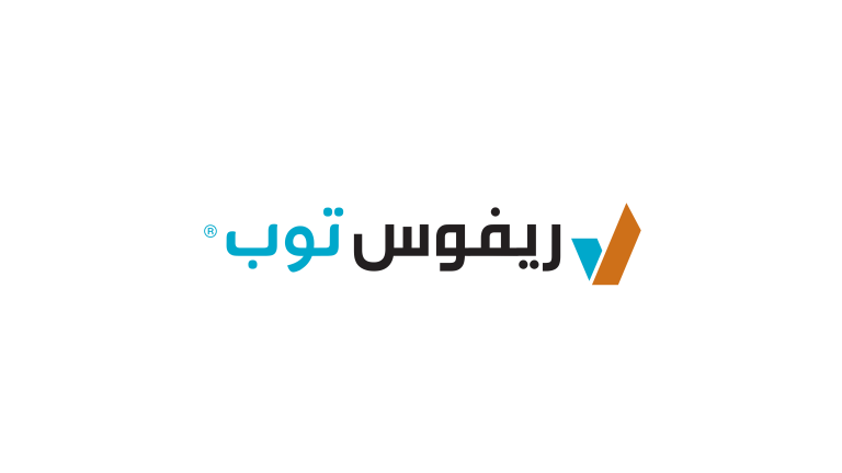 Arabic logo with dark gray text, blue accents, and an orange checkmark