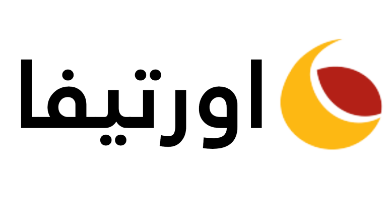 Arabic text logo with red and yellow crescent shape